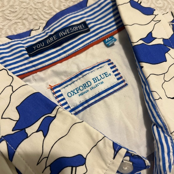 Oxford Blue Men’s Abstract Print Button-Up Shirt | Short Sleeve Coastal Resort - Picture 6 of 10